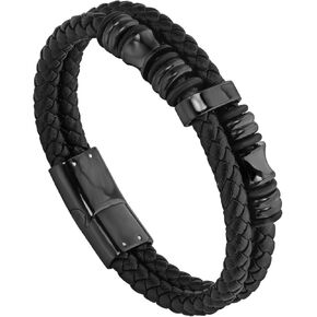Mens Bracelet,Gifts for Men,Double-Row Black Braided Leather Bracelets for Men,Black Stainless Steel Cross Jewelry With Black Onyx Beads Bracelets,Charm Bracelet,For Dad,Friends,Brother,Sons