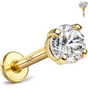 14K Solid Gold Flat Back Earrings Hypoallergenic - 18G Cartilage Tragus Conch Helix Piercing Jewelry Extended Internal Thread Labret Lip Nose Studs for Women Men Simulated Diamond CZ 2/3/4mm in Saudi Arabia