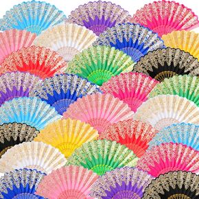 Geetery 30 Pcs Folding Hand Fan for Line Dancing Bulk Colorful Spanish Silk Fabric Clapping Popping Fans for Women Vintage Flower Boots on The Ground Fan Nurse Wedding Party(Classic Colors,Floral)