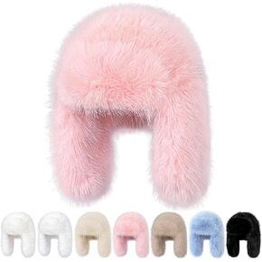 Peicees Winter Fur Hats for Women Ladies Russian Ushanka Furry Trapper Hat with Ear Flaps Warmer Fuzzy Warm Black White