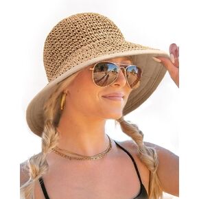 FURTALK Summer Straw Beach Sun Hats for Women UPF 50 Floppy Wide Brim Travel Bucket Hat Foldable Packable