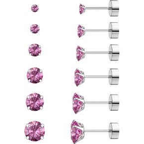 Wssxc 6 Pairs Hypoallergenic Cubic Zirconia Earrings Surgical Steel Flat Back Studs for Cartilage, Screw Back Fashion Jewelry