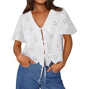 Trendy Queen Womens Tie Front Tops Summer Beach Vacation 2025 Fashion Outfits Short Sleeve Blouses Eyelet Embroidered Clothes in Kuwait