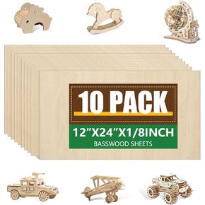 12 Pack Basswood Sheets 1/10x12x12 Inch for Crafts,Unfinished Wood for Laser Cutting & Engraving,Wood Burining,Plywood for Architectural Models.