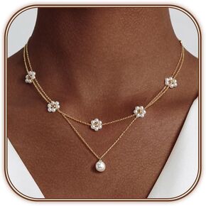 OGD Gold Pearl Necklaces Set for Women 14K Gold Plated Dainty Layered Pearl Cute Daisy Pearl Choker Gold Necklace Gifts for Women Gold Trendy Jewelry Gifts