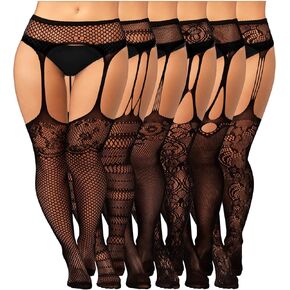 Jadive 6 Pairs Women Plus Size Fishnet Thigh High Stockings Suspender Garter Belt Lingerie Pantyhose Tights Fits XL-XXXXL