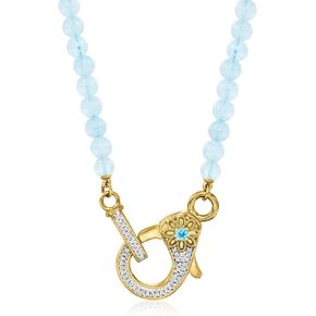 Ross-Simons 50.00 ct. t.w. Aquamarine Bead and .11 ct. t.w. Diamond Lobster Clasp Necklace With Single Swiss Blue Topaz in 18kt Gold Over Sterling