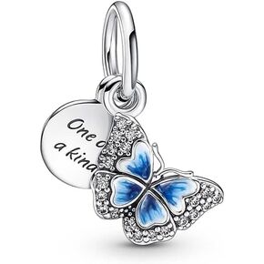 Pandora Blue Butterfly & QUOTE Double Dangle Charm Charm Moments Bracelets - Gradning Women's Jewelry - مصنوعة من الفضة الإسترليني ، الزركونيا والمينا المكعب ، لا يوجد صندوق هدايا