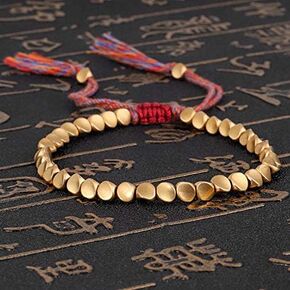 Handmade Tibetan Copper Bead Bracelet Lucky Buddhist Bracelet Adjustable Size with Tassels for Men and Women Gifts