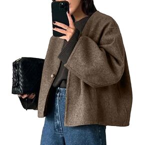 HOTIAN Women Plus Size Cropped Wool Blend Coats Long Sleeve Coat Jacket Peacoat Fall Winter Outwear Overcoat