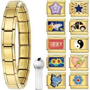Double Fair Italian Charm Bracelet with 10 or 20 Charms, Stainless Steel Adjustable DIY Charm Bracelet for Women & Men, Includes Opener Tool – Gold or Silver Options