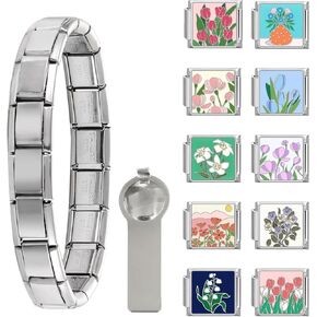 Papasgix Italian Charm Bracelet Silver With Starter Brascelet ، وأزهار سحر متنوع وأدوات فتح ، وربط سوار سحر إيطالي 9 مم يدويًا مجوهرات DIY المصنوعة يدويًا