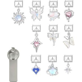 Papasgix Italian Charm Bracelet Charms حزمة الروابط بالجملة مع أداة الافتتاح - سحر سحر إيطالي 9 مم روابط سوار Modular Modular Jewelry المصنوعة يدويًا DIY