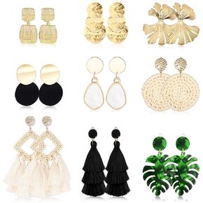 Finrezio 9 Pairs Clip on Drop Earrings for Women Statement Rattan Resin Acrylic Drop Dangle Earrings Lightweight Geometric Rattan Tassel Hoop Drop Dangle Earring Jewelry