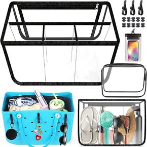 Clear Bogg Bag Organizer Compatible with X Large Bogg Bag Accessories Divider, Clear Beach Bag Insert with Small ToiletryBag & Waterproof Mobile Phone Pocket, 3 Pcs Hooks Accessories