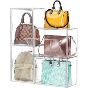 4Pack PET Plastic Organizer for Handbag, Purse – Stackable Transparent Plastic Display Cases with Reinforced Door, Dustproof Closet for Purses, Handbags, Wallets, Cosmetics, Collectibles
