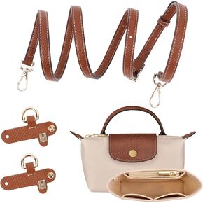 2Sets Mini Bag Strap Kit and Organizer Compatible with Longchamp, Folding Tote Bag organizer insert, Punch-Free Adjustable Buckle Strap Design, Multi-Pocket Felt Handbag Organizer, (1.2cm)