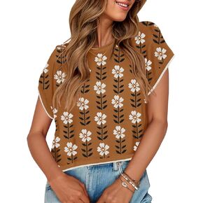ZESICA Womens Summer Casual Printed Tops Cap Sleeve Crew Neck Cute Knit Sweaters 2025 Trendy Clothes Outfits