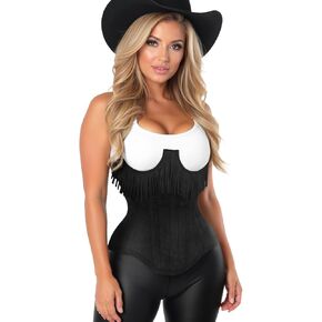 Daisy corsets Womens Womens Black Suede Steel Boned Under Bust Corset Waist Cincher Fringe Top Western & Plus Size
