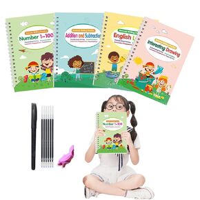 Magic Grooved Handlriting Book Practice ، Practice Copybook ، Lrandriting Practice Copybook ، Book Practice Book for Preschool Age 3-8 Numbers Drawing Tracing Books (4 كتب مع الأقلام)