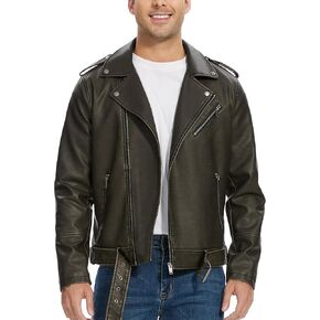 Fahsyee Leather Jackets for Men, Faux Bomber Jacket Mens Motorcycle Lapel Asymmetric Zip-Up Belt Slim Fit Biker Coat