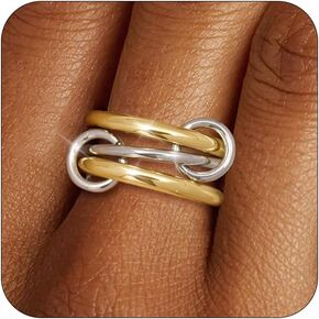 TLY Stackable Rings for Women Non Tarnish 18K Gold Plated Interlocking Ring Stack Set Gold Silver Mixed Metal Statement Rings Dainty Cubic Zirconia CZ Fashion Connected Band Thumb Ring Size 4-11 Jewelry Gift for Women