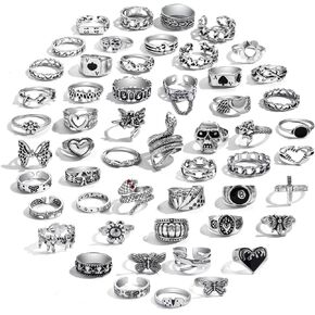 IFKM Vintage Silver Knuckle Rings Set for Women, Stackable Joint Finger Statement Rings Bohemian Retro Hollow Carved Midi Rings, Boho Halloween Skeleton Skull Snake Heart Chunky Stacking Rings Pack