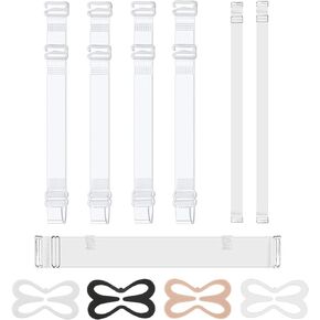 Clear Bra Straps, 3 Pairs Shoulder Straps + 1Pc Clear Back Strap + 4Pcs Bra Strap Clips, Non-Slip Adjustable Invisible Transparent Bra Straps, Bra Clips to Make Racerback