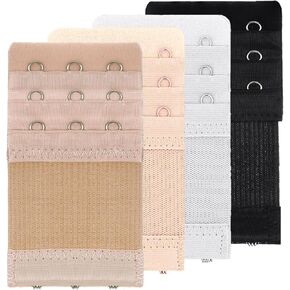 4 Pcs Women's Bra Extenders 3 Hooks 3 Rows, Elastic Bra Extenders, Soft Stretchy Back Bra Extension Strap, Adjustable Bra Extender (Black, White, Nude, Beige)