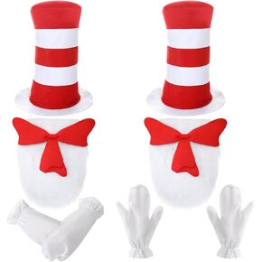 8Pcs Cat Hat Costume Accessories, Red White Striped Cat Hats, Red Bow, White Furry, White Gloves, Halloween Cosplay Costume Accessories