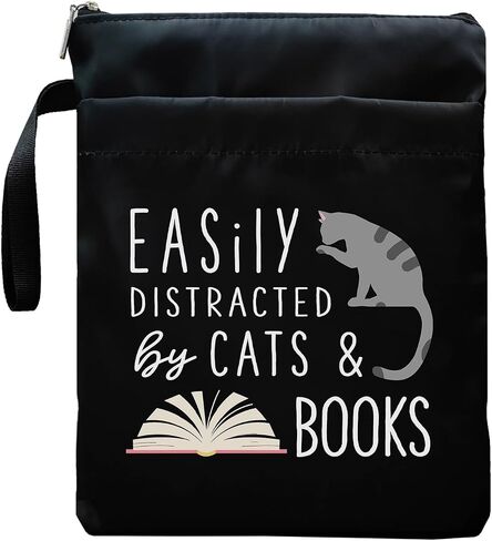 Book Sleeve, Book Covers with Zipper, Funny Cat & Book for Book Lovers, Gifts for Women Teacher Librarian Bookworm Bookish- Easily Distracted by Cats and Books (Black-C, Large) in Kuwait