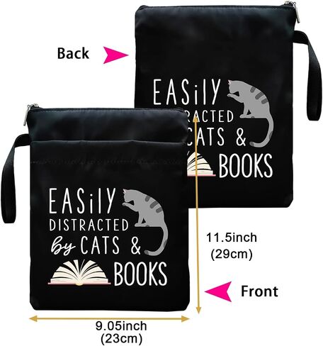 Book Sleeve, Book Covers with Zipper, Funny Cat & Book for Book Lovers, Gifts for Women Teacher Librarian Bookworm Bookish- Easily Distracted by Cats and Books (Black-C, Large) in Kuwait