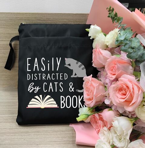 Book Sleeve, Book Covers with Zipper, Funny Cat & Book for Book Lovers, Gifts for Women Teacher Librarian Bookworm Bookish- Easily Distracted by Cats and Books (Black-C, Large) in Kuwait