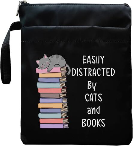 Book Sleeve, Book Covers with Zipper, Funny Cat & Book for Book Lovers, Gifts for Women Teacher Librarian Bookworm Bookish- Easily Distracted by Cats and Books (Black-C, Large) in Kuwait