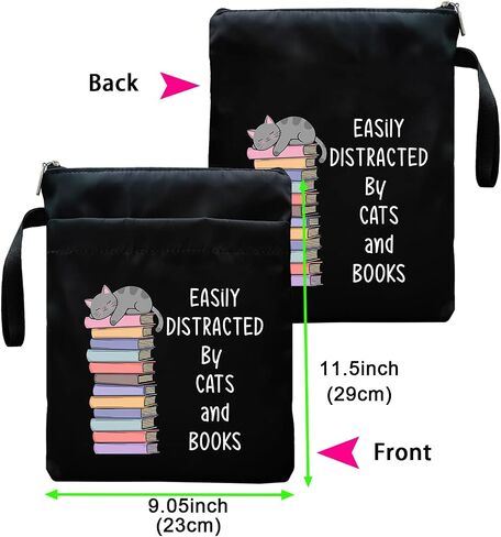 Book Sleeve, Book Covers with Zipper, Funny Cat & Book for Book Lovers, Gifts for Women Teacher Librarian Bookworm Bookish- Easily Distracted by Cats and Books (Black-C, Large) in Kuwait