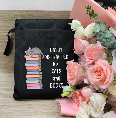 Book Sleeve, Book Covers with Zipper, Funny Cat & Book for Book Lovers, Gifts for Women Teacher Librarian Bookworm Bookish- Easily Distracted by Cats and Books (Black-C, Large) in Kuwait