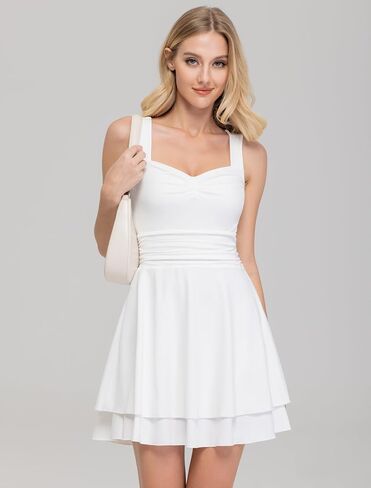 IWD Women's Square Neck Sleeveless Mini Dress Ruched Waist Tiered Ruffle Hem A Line Short Dresses in Saudi Arabia