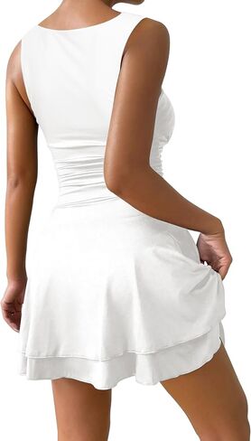 IWD Women's Square Neck Sleeveless Mini Dress Ruched Waist Tiered Ruffle Hem A Line Short Dresses in Saudi Arabia