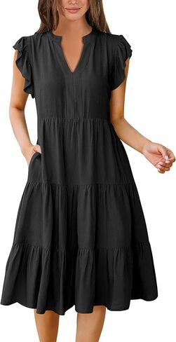 anrabess المرأة الصيفية فستان الكشكش الأكمام v الرقبة midi فساتين الأزياء غير الرسمية flowy tiery boho الشاطئ in Saudi Arabia