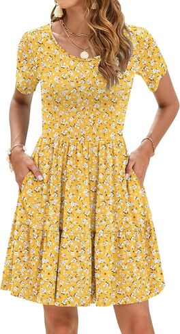 AUSELILY Women Summer Dress Casual Short Sleeve Crew Neck Mini Dresses Beach with Pockets in Saudi Arabia