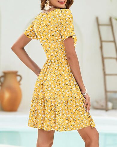 AUSELILY Women Summer Dress Casual Short Sleeve Crew Neck Mini Dresses Beach with Pockets in Saudi Arabia