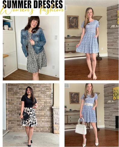 AUSELILY Women Summer Dress Casual Short Sleeve Crew Neck Mini Dresses Beach with Pockets in Kuwait