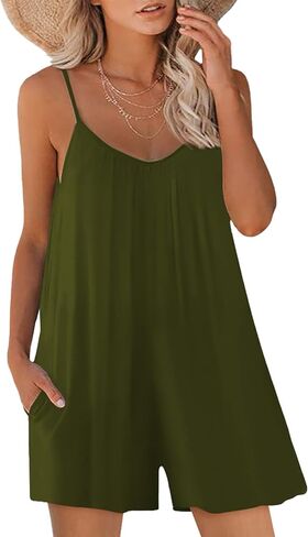 Womens Summer Casual Sleeveless Strap Loose Adjustable Jumpsuits Stretchy Shorts Romper with Pockets in Saudi Arabia