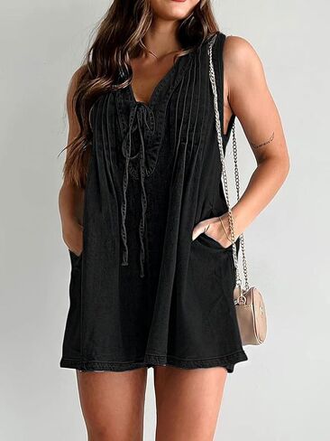 yoeasy Women's Sleeveless V Neck Shorts Denim Romper Tie Front Ruffle Jean Short Overall With Pocket in Kuwait