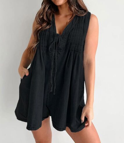 yoeasy Women's Sleeveless V Neck Shorts Denim Romper Tie Front Ruffle Jean Short Overall With Pocket in Kuwait