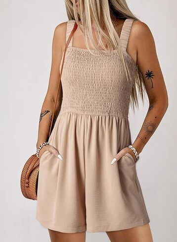 Dokotoo Women's Summer Casual Smocked Rompers Square Neck Sleeveless Loose Shorts Jumpsuits 2025 Beach Vacation Outfits in Kuwait