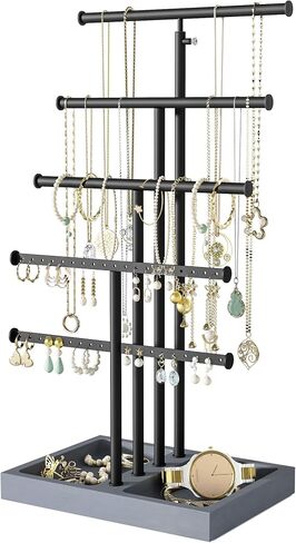 Love-KANKEI Jewelry Organizer Stand,5 Tier Large Necklace Holder with Wood Base,Jewelry holder stand Tree for Display,Bracelets Earrings Rings,Height Adjustable Gift Weathered Grey in Kuwait