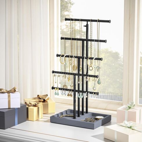 Love-KANKEI Jewelry Organizer Stand,5 Tier Large Necklace Holder with Wood Base,Jewelry holder stand Tree for Display,Bracelets Earrings Rings,Height Adjustable Gift Weathered Grey in Kuwait