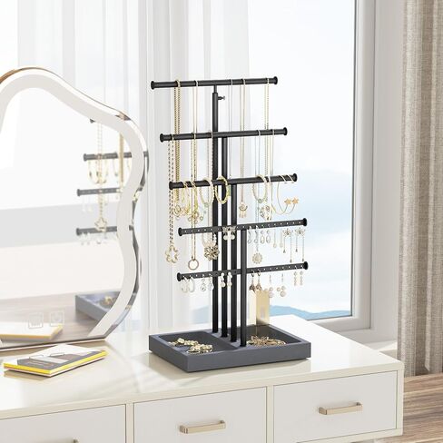 Love-KANKEI Jewelry Organizer Stand,5 Tier Large Necklace Holder with Wood Base,Jewelry holder stand Tree for Display,Bracelets Earrings Rings,Height Adjustable Gift Weathered Grey in Kuwait