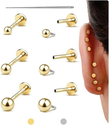 GEMQUEEN Flat Back Earrings Stud : 14K Gold Filled Titanium Surgical Steel Earrings Hypoallergenic for Women Men 16G 18G Cartilage Helix Tragus Conch Medusa Piercing Jewelry Dainty Earring Set 3 Pairs in Kuwait